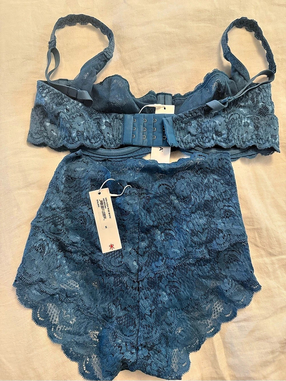 Cosabella Never Say Never Lace Bra & High-Waist Brief Set in Blue Size Small NWT